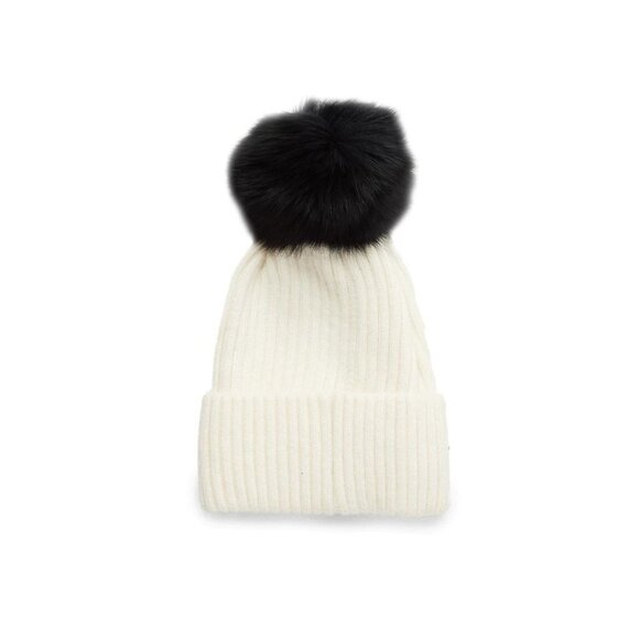 New - GLAMOURPUSS NYC Arctic Fox Fur Knit Beanie Hat White Black - Picture 3 of 3
